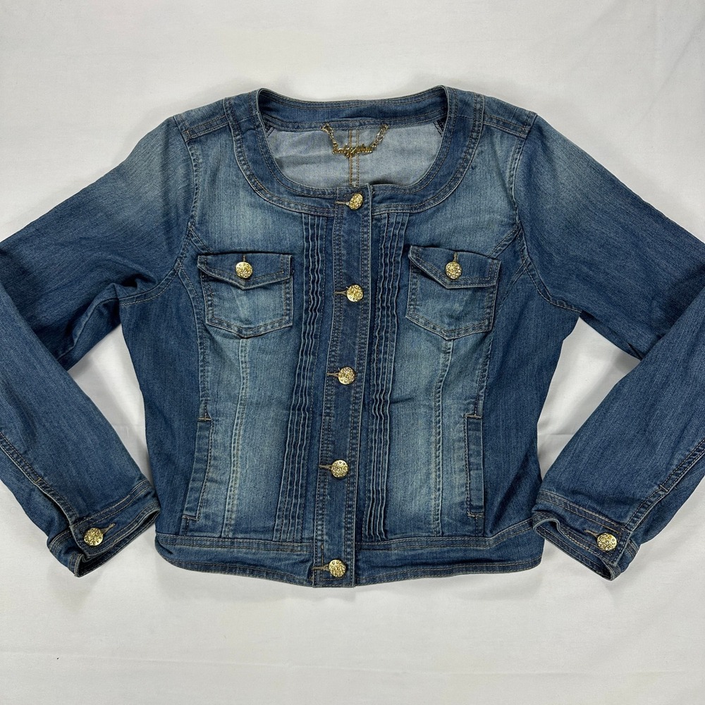 Baby Phat Rhinestone Button Down Denim Jacket Classic Blue Wash Women's XL